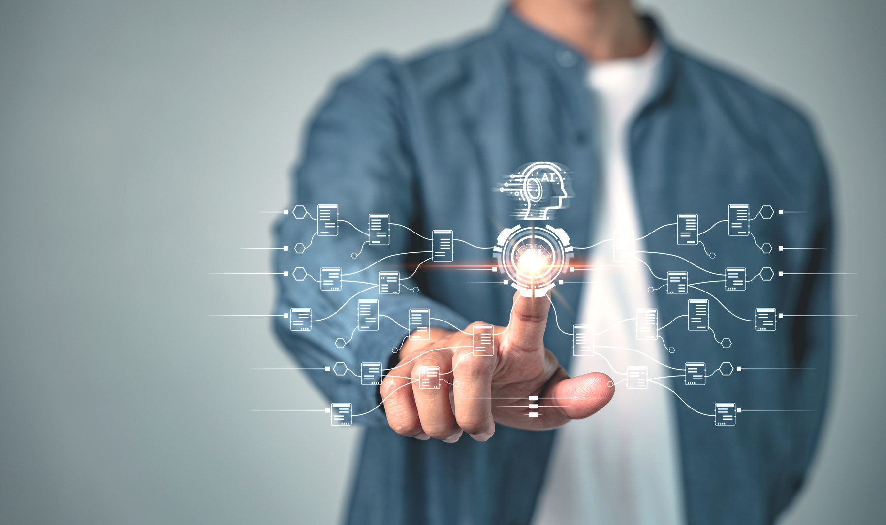 A manager touching a glowing interface that connects documents and workflows