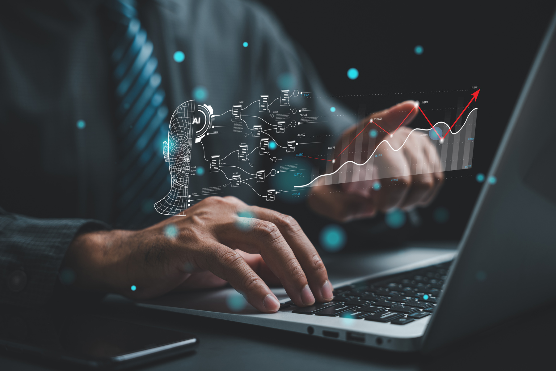 A manager working on a laptop with AI network graphics overlaid