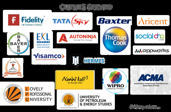 Logos of clients served, including Fidelity International, Tata Sky, Baxter, Aricent, Bayer, Thomas Cook, Wipro, ACMA, Canara HSBC Life Insurance, Lovely Professional University, University of Petroleum and Energy Studies, Hermes University Singapore and Mjumbe University Tanzania