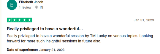Five-star review from Elizabeth Jacob: really privileged to have a wonderful session