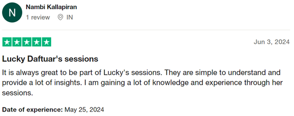 Five-star review from Nambi Kallapiran: always great to be part of Lucky's sessions